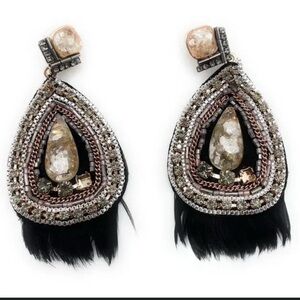 Stella & Dot Black and Gold feather Statement Earrings